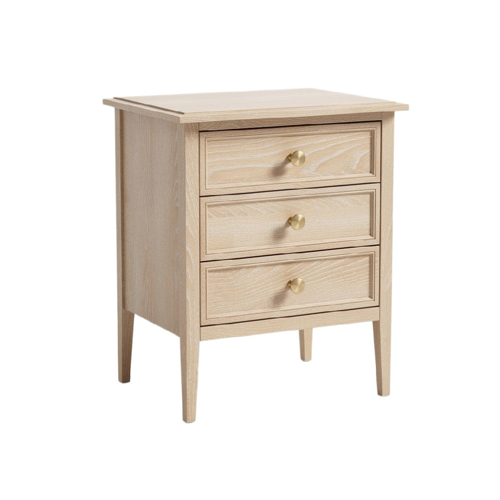Minimalist Wooden Nightstand with Three Drawers and Brass Handles