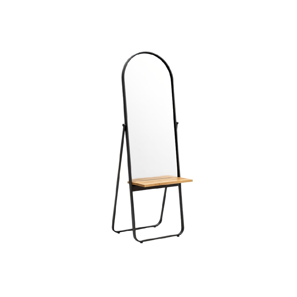 Modern Floor Mirror with Bamboo Shelf and Metal Frame